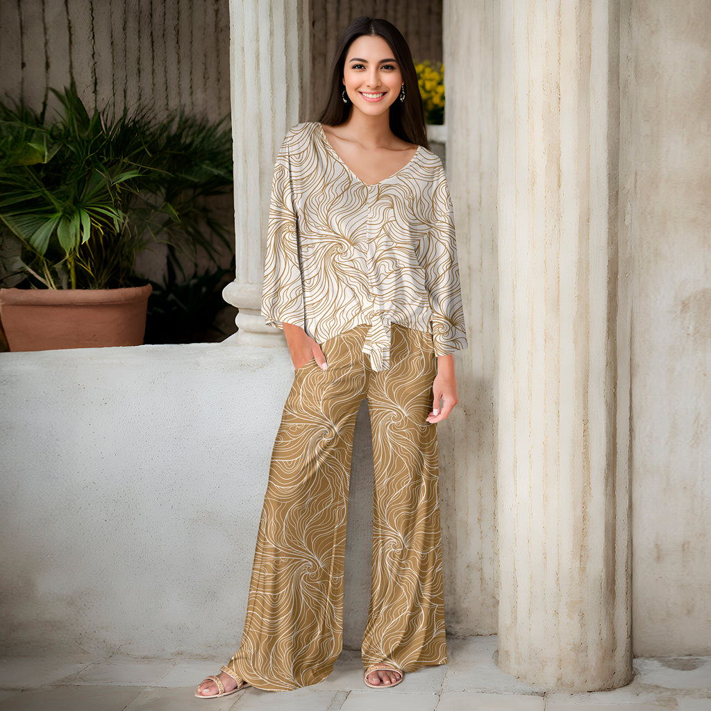 2 Piece Set - Front Tie Top and Wide Leg Pocket Pants - Abstract