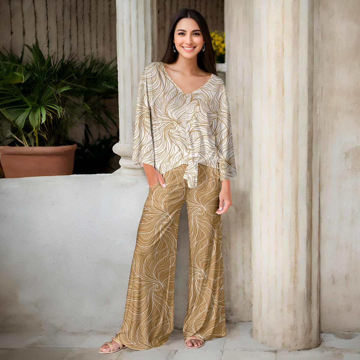 2 Piece Set - Front Tie Top and Wide Leg Pocket Pants - Abstract