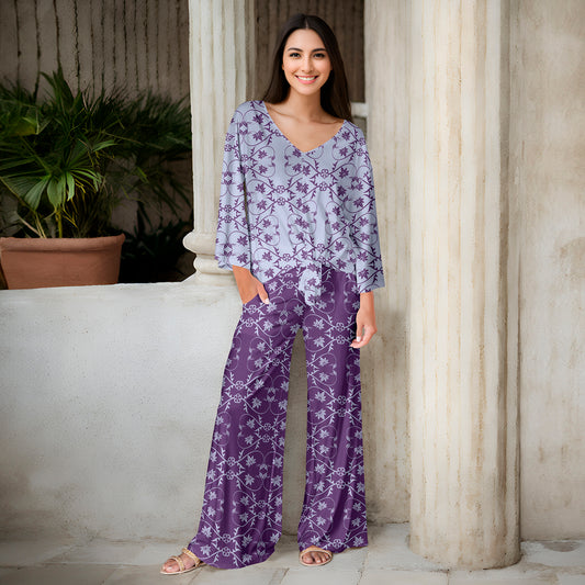 2 Piece Set - Front Tie Top and Wide Leg Pocket Pants - Floral