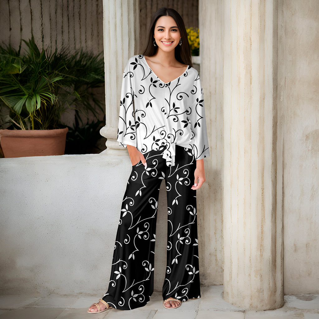 2 Piece Set - Front Tie Top and Wide Leg Pocket Pants - Floral