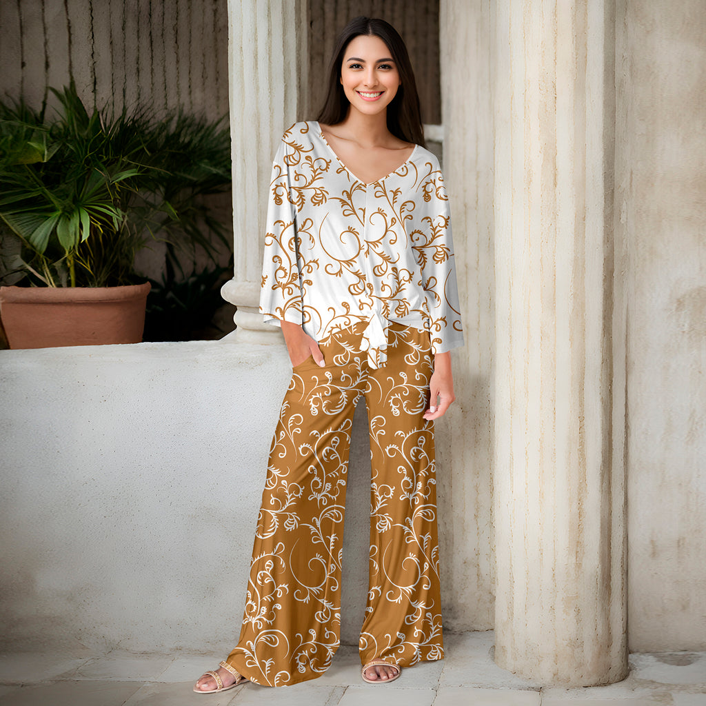2 Piece Set - Front Tie Top and Wide Leg Pocket Pants - Filigree