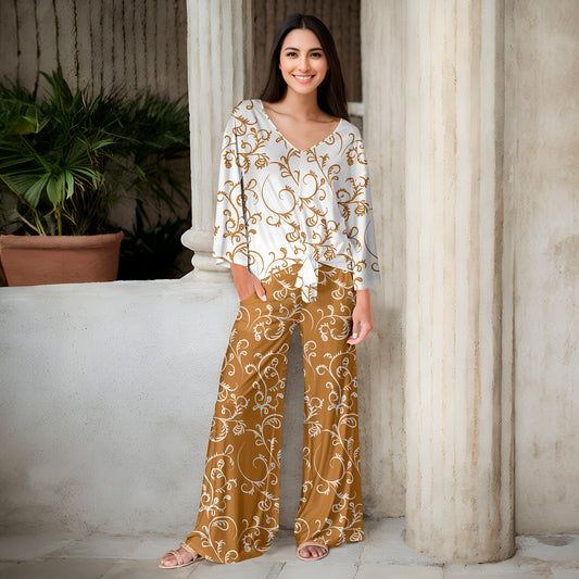 2 Piece Set - Front Tie Top and Wide Leg Pocket Pants - Filigree