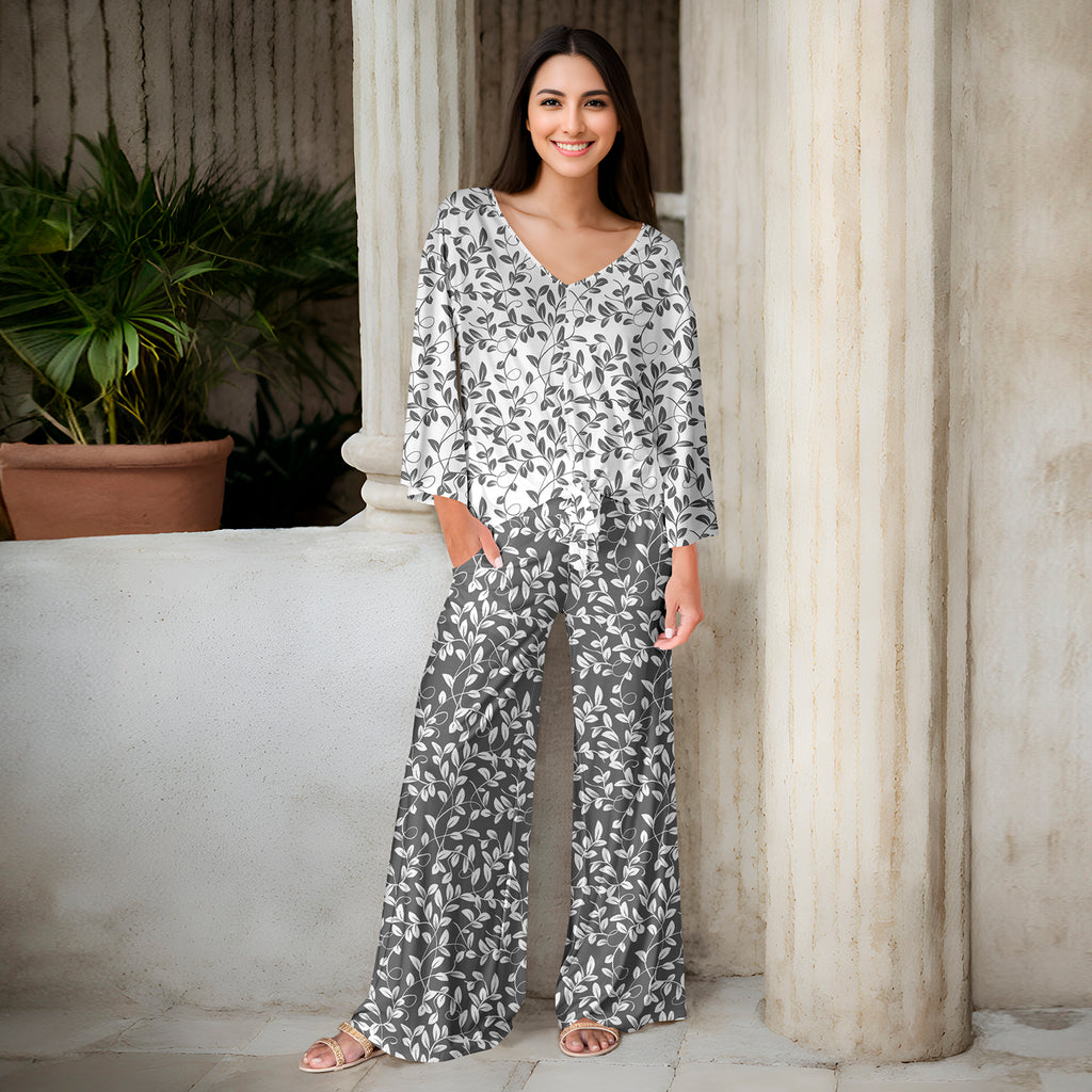 2 Piece Set - Front Tie Top and Wide Leg Pocket Pants - Floral