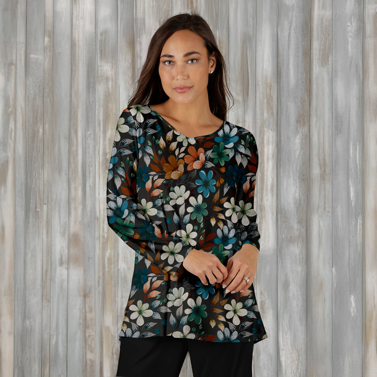 Long Sleeve V Neck Tunic - Floral