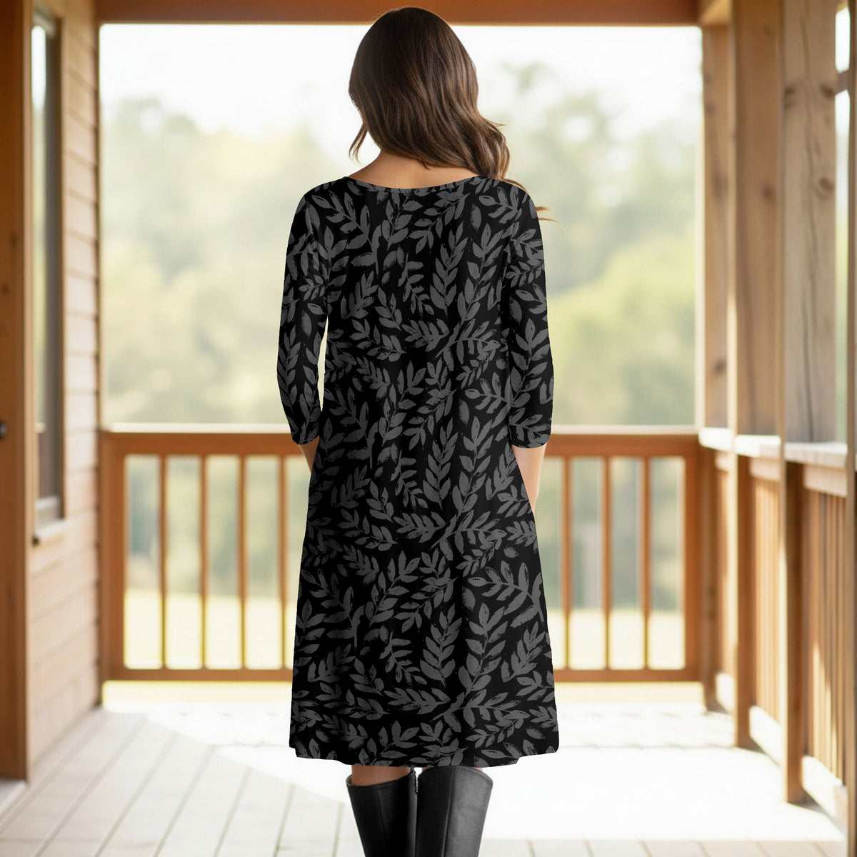 Three Quarter Sleeve Pleated Dress with Pockets - Floral