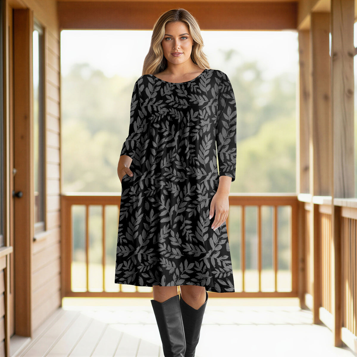 Three Quarter Sleeve Pleated Dress with Pockets - Floral