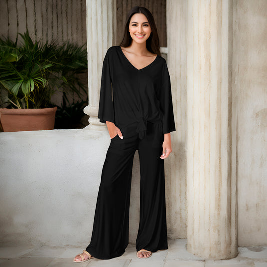 2 Piece Set - Front Tie Top and Wide Leg Pocket Pants