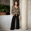 2 Piece Set - Front Tie Top and Wide Leg Pocket Pants - Animal Print