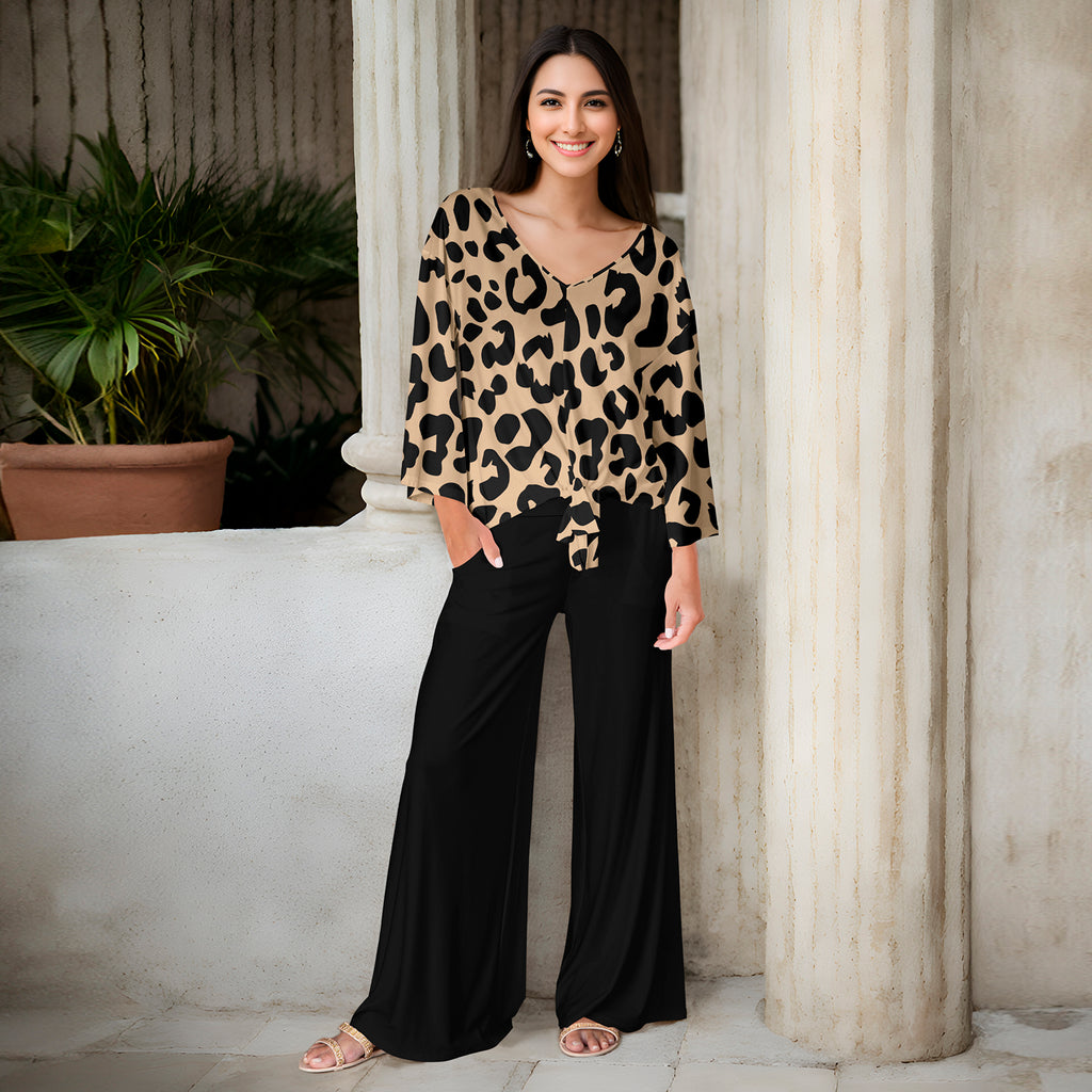 2 Piece Set - Front Tie Top and Wide Leg Pocket Pants - Animal Print
