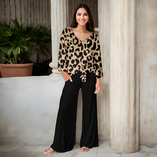 2 Piece Set - Front Tie Top and Wide Leg Pocket Pants - Animal Print