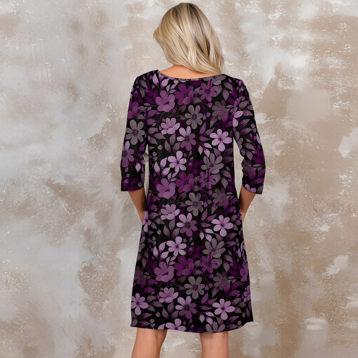 Three Quarter Sleeve Pleated Dress with Pockets - Floral