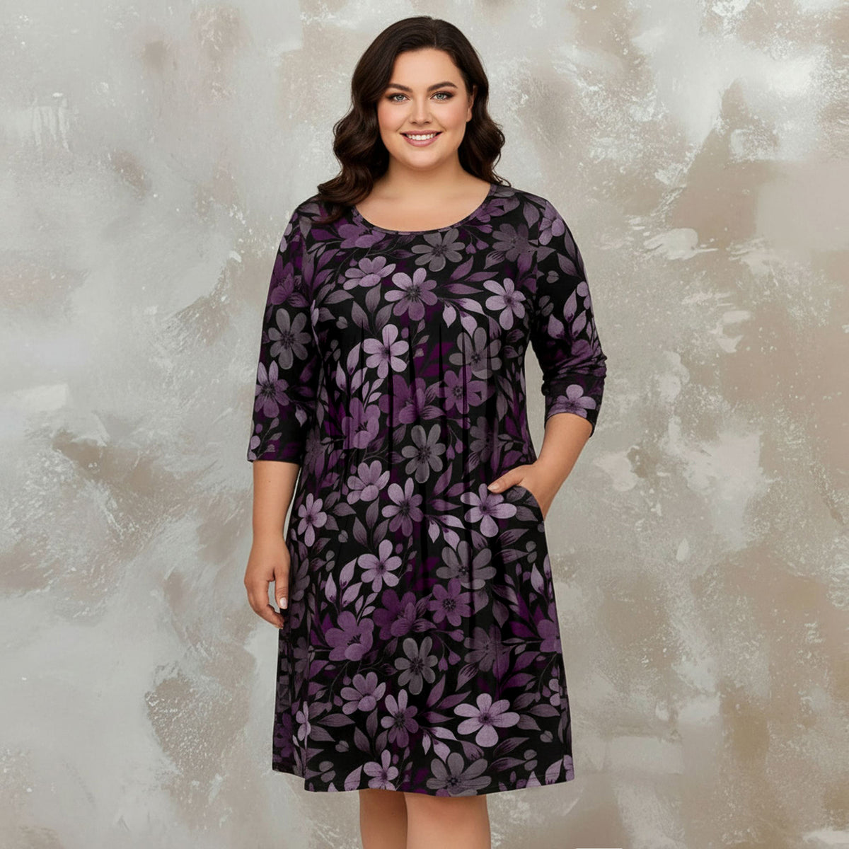 Three Quarter Sleeve Pleated Dress with Pockets - Floral