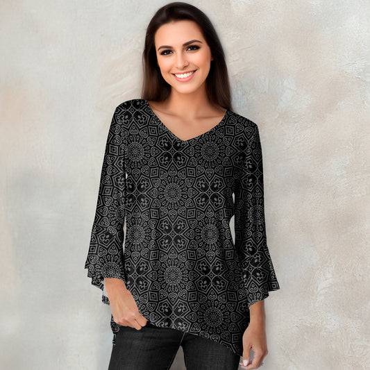 V Neck Ruffle Cuff Sleeve Tunic - Arabesque