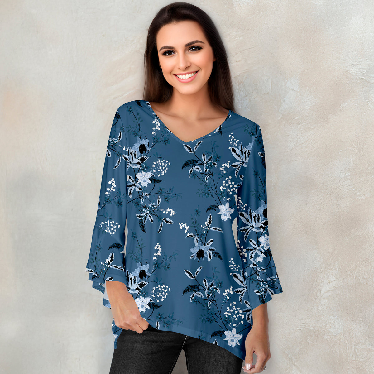 V Neck Ruffle Cuff Sleeve Tunic - Floral