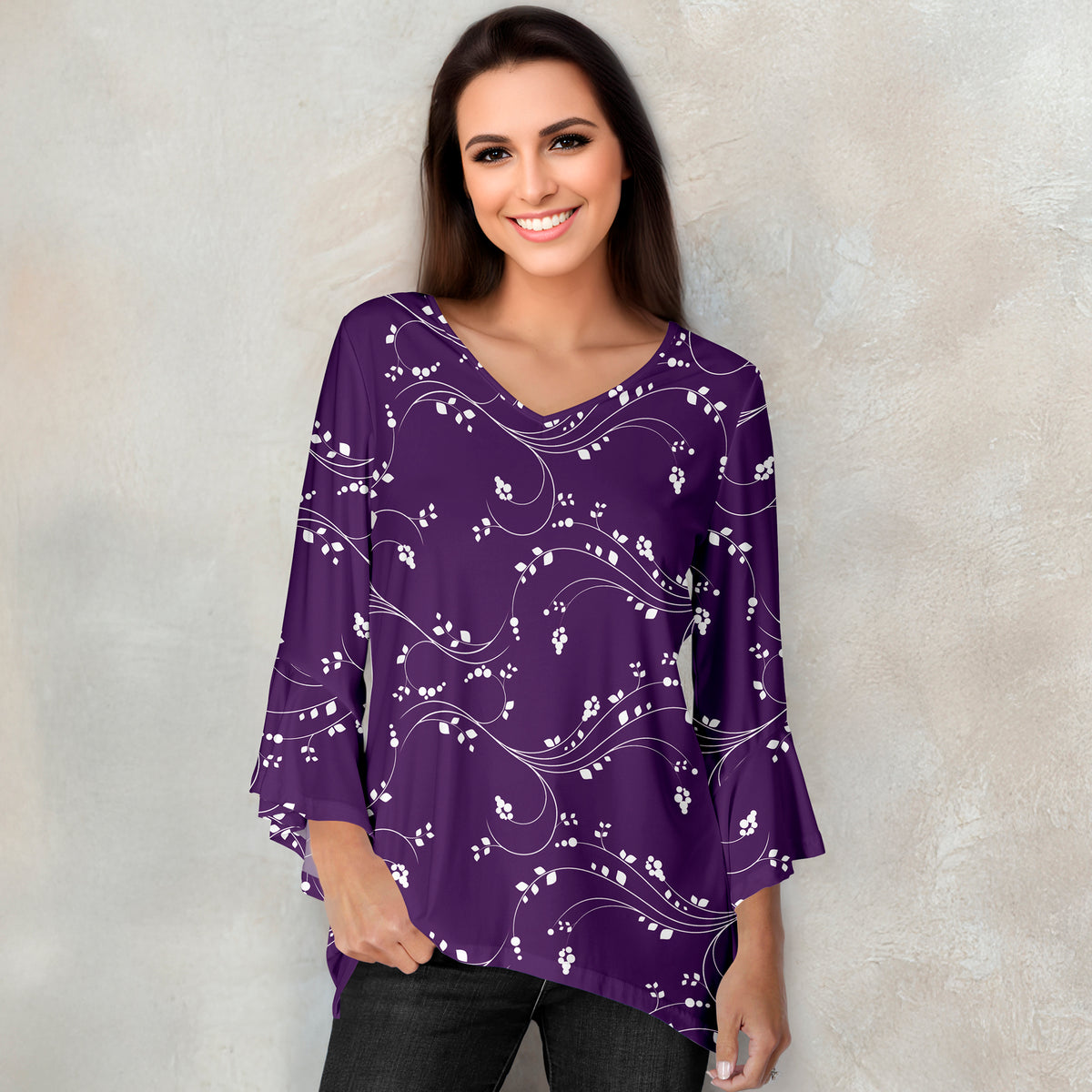 V Neck Ruffle Cuff Sleeve Tunic - Floral