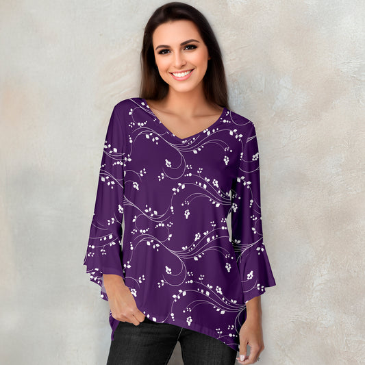 V Neck Ruffle Cuff Sleeve Tunic - Floral