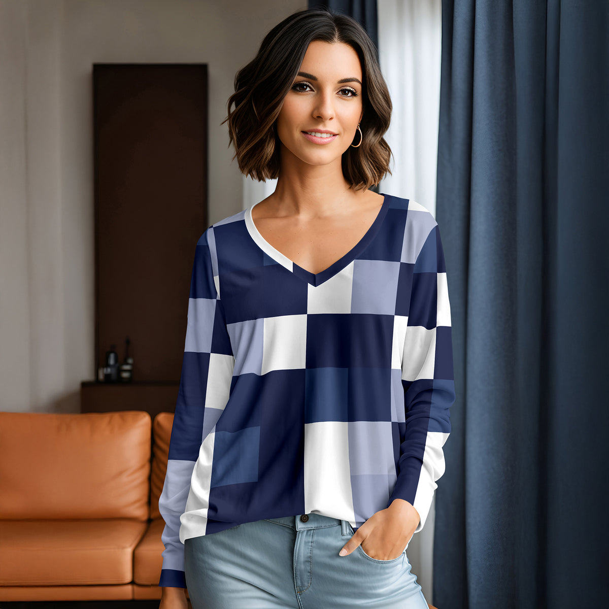 Long Sleeve V Neck Top - Geometric