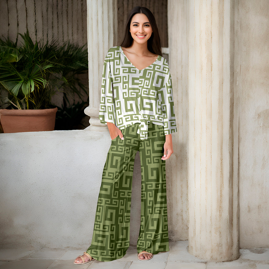2 Piece Set - Front Tie Top and Wide Leg Pocket Pants - Greek Keys