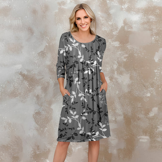 Three Quarter Sleeve Pleated Dress with Pockets - Floral