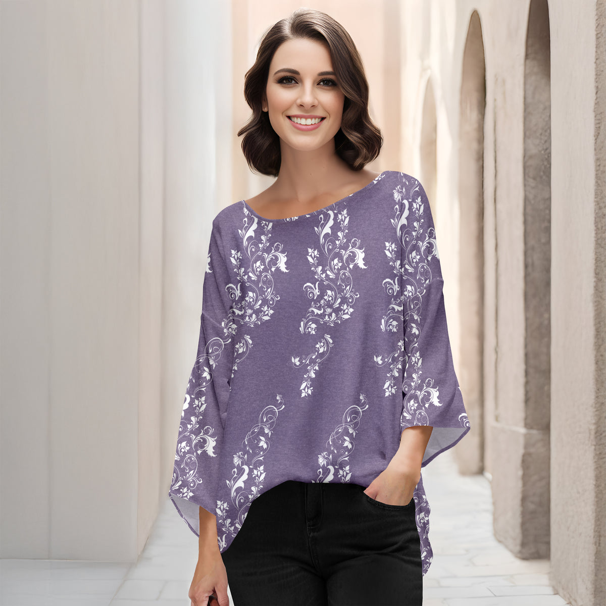 Three Quarter Bell Sleeve Tunic - Floral Scroll