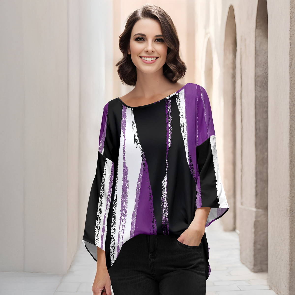 Three Quarter Bell Sleeve Tunic - Abstract
