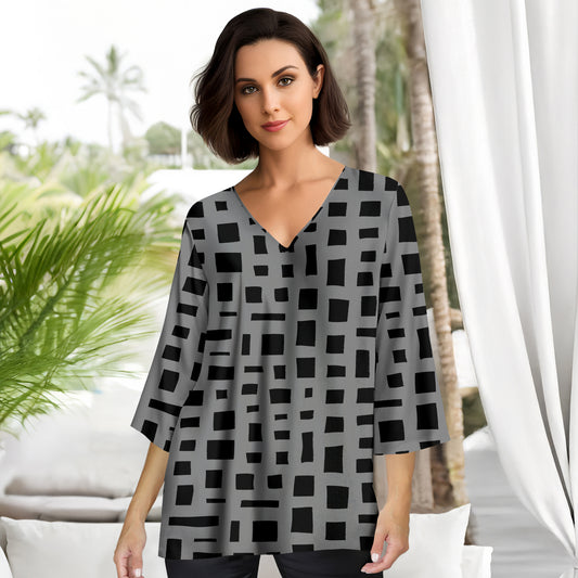 Three Quarter Sleeve V-Neck Tunic - Geometric