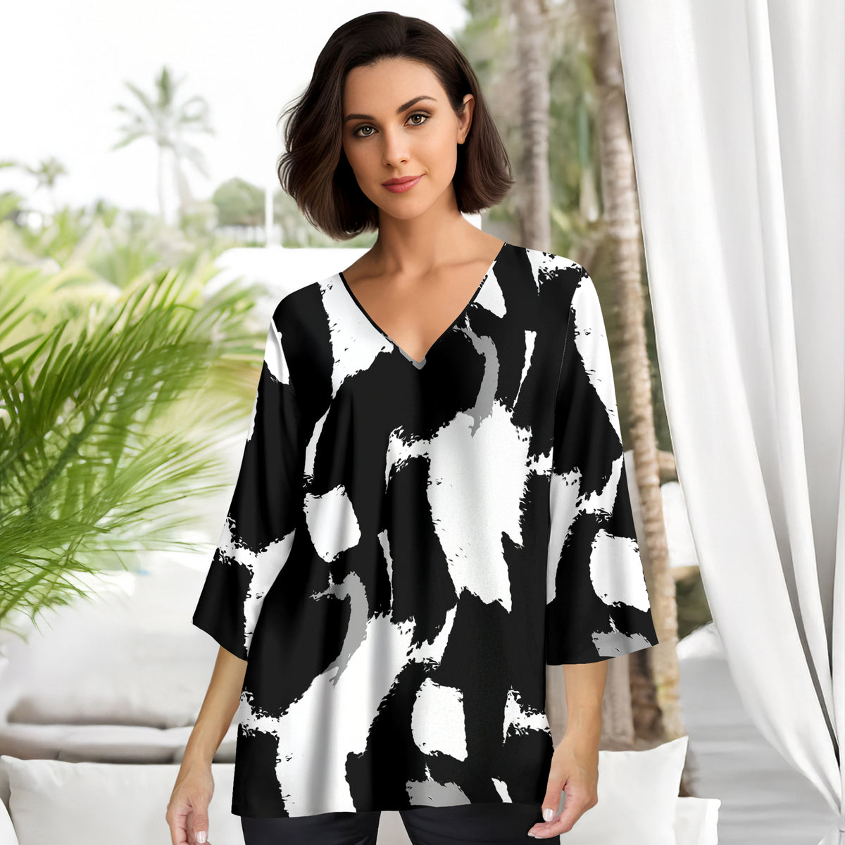 Three Quarter Sleeve V-Neck Tunic - Abstract