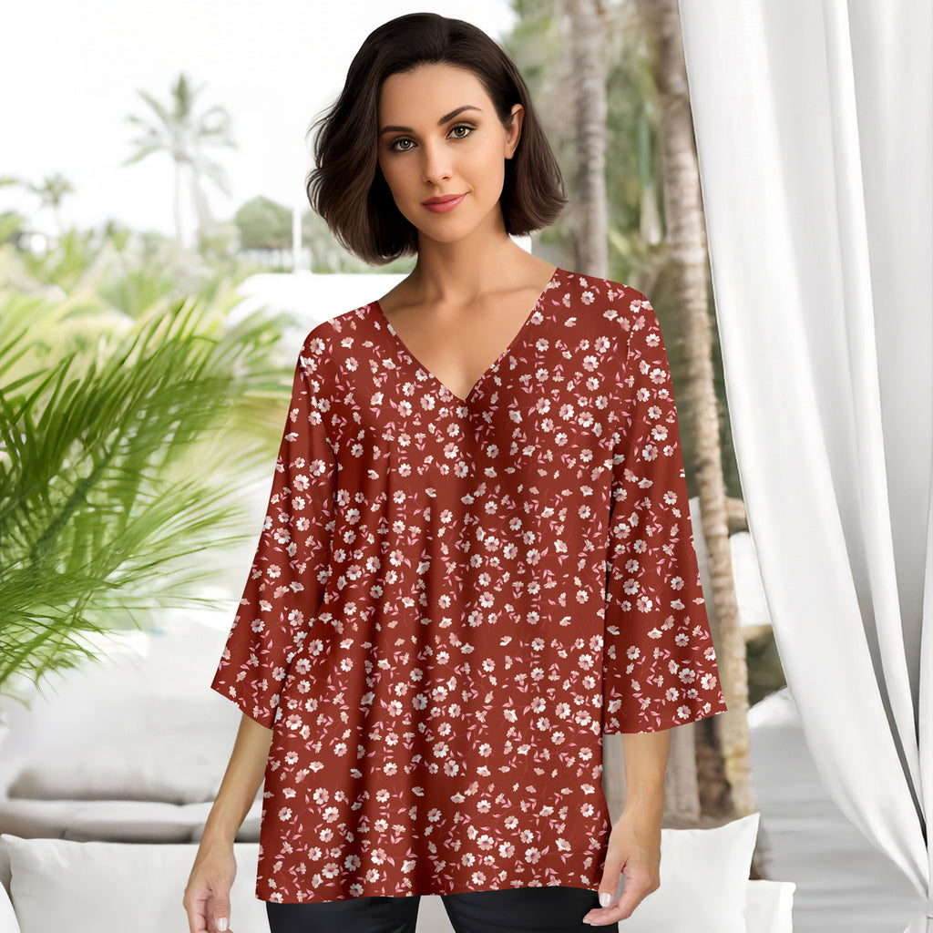 Three Quarter Sleeve V-Neck Tunic - Floral
