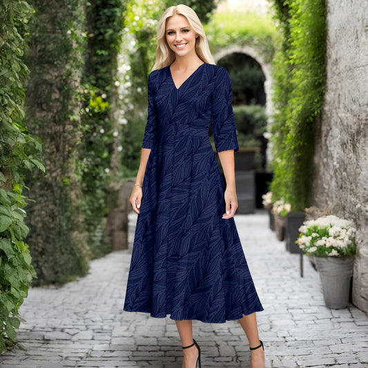 V Neck Three Quarter Sleeve Fit and Flare Midi Dress - Foliage