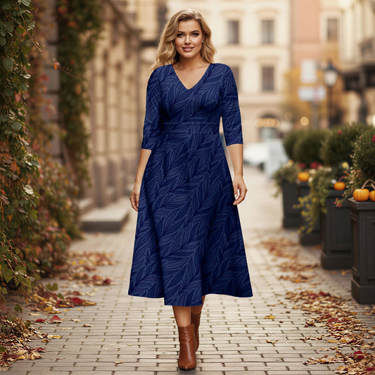 V Neck Three Quarter Sleeve Fit and Flare Midi Dress - Floral