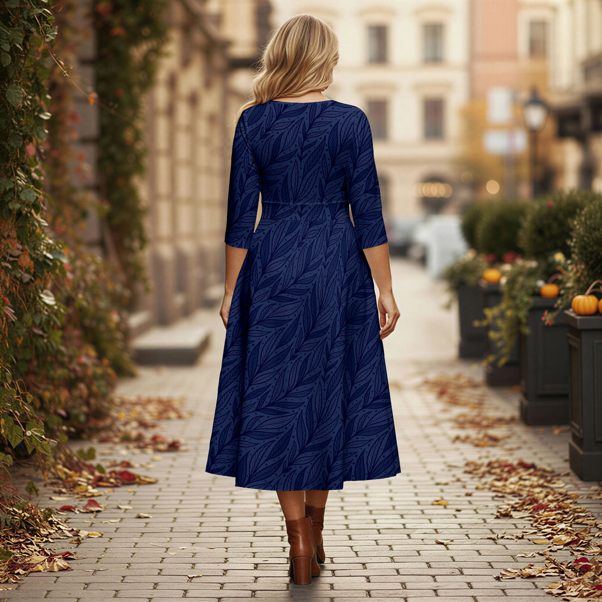 V Neck Three Quarter Sleeve Fit and Flare Midi Dress - Floral