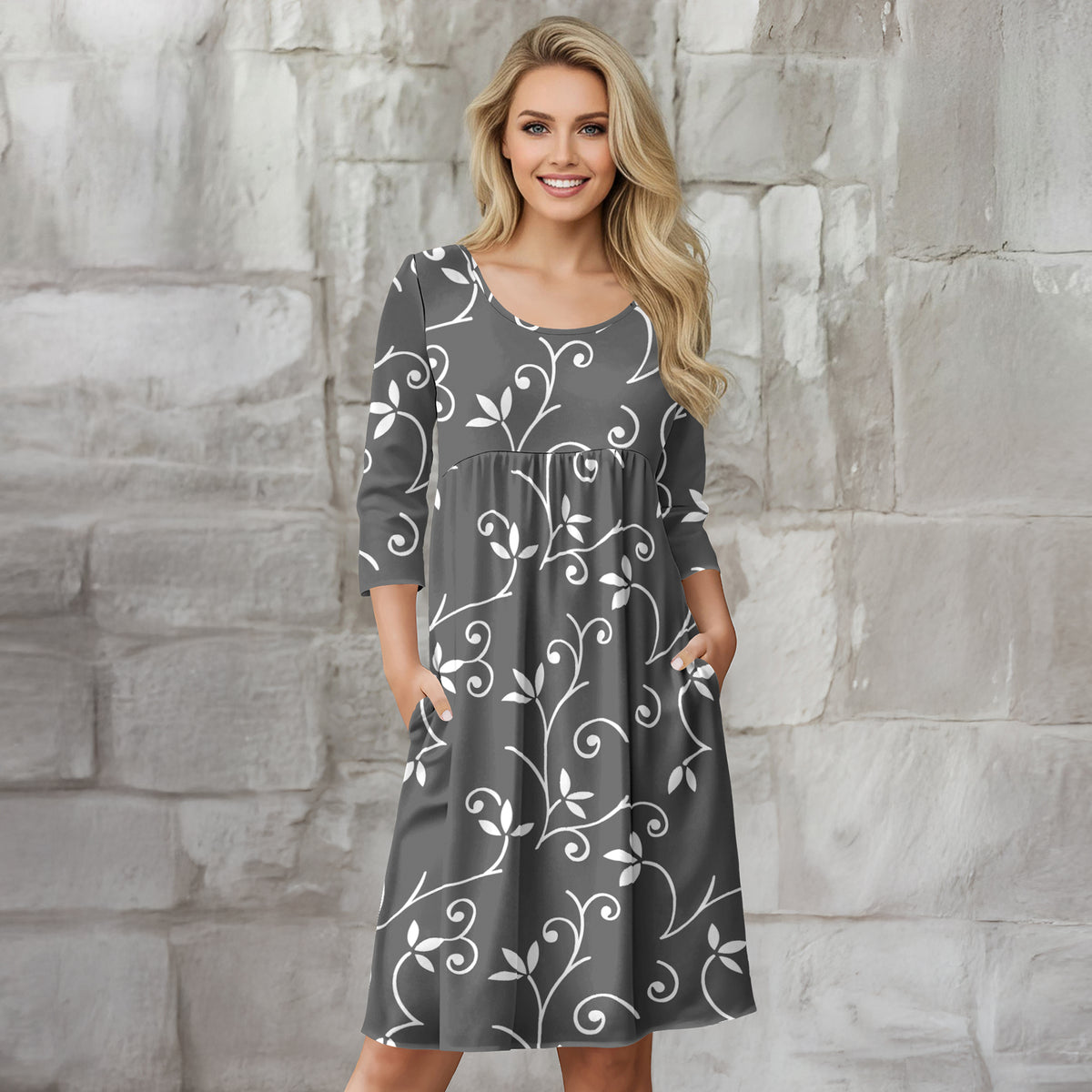 Three Quarter Sleeve Empire Dress with Pockets - Floral