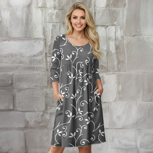 Three Quarter Sleeve Empire Dress with Pockets - Floral