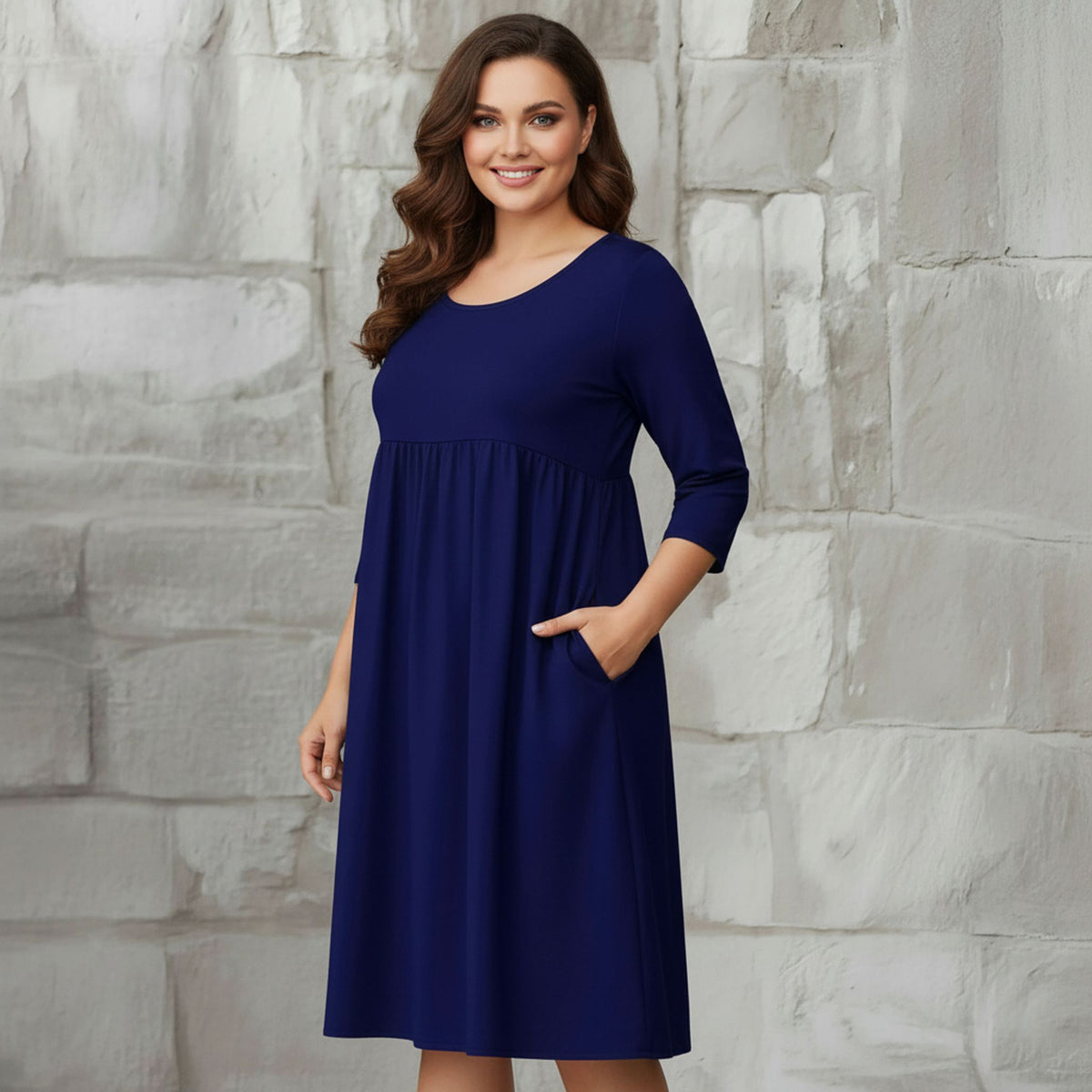 Three Quarter Sleeve Empire Dress with Pockets