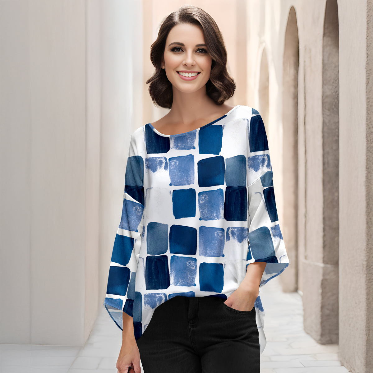 Three Quarter Bell Sleeve Tunic - Abstract Geometric