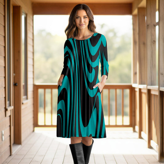 Three Quarter Sleeve Pleated Dress with Pockets - Abstract
