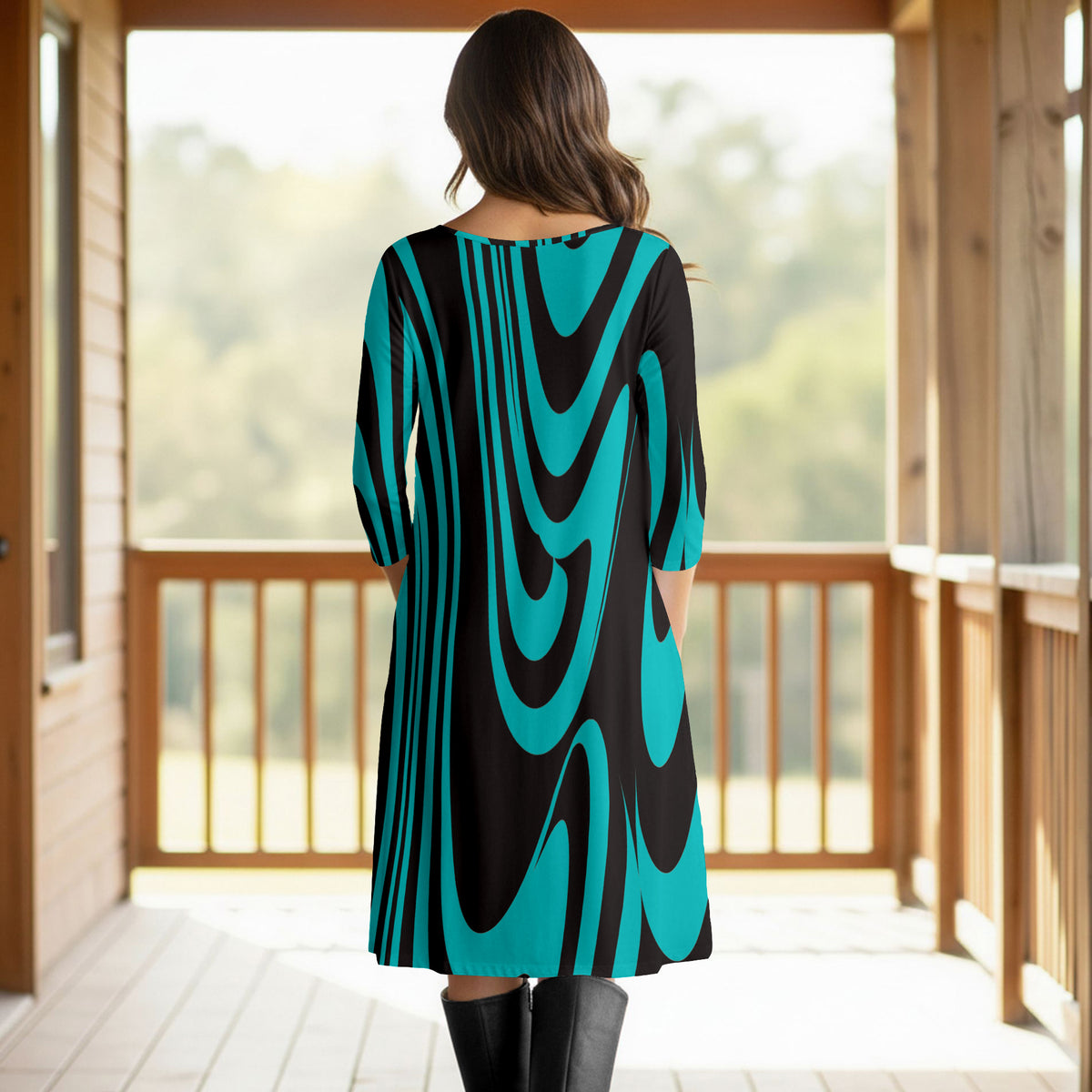 Three Quarter Sleeve Pleated Dress with Pockets - Abstract