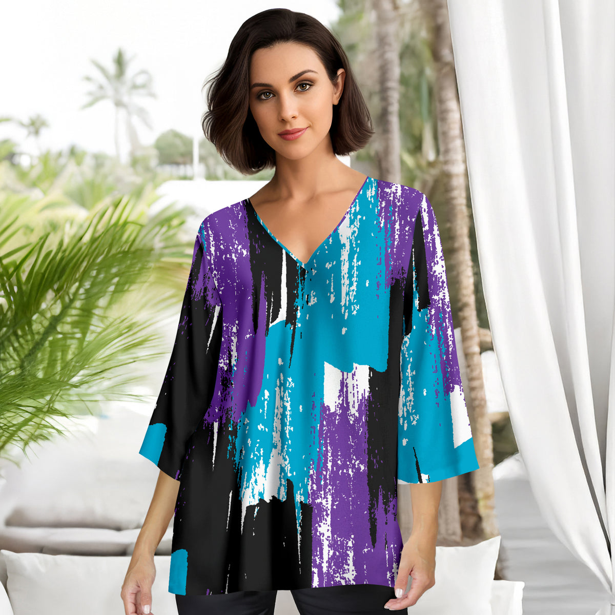 Three Quarter Sleeve V-Neck Tunic - Abstract