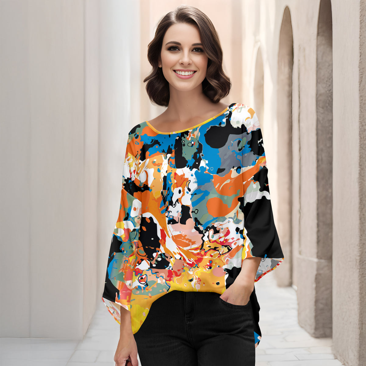Three Quarter Bell Sleeve Tunic - Abstract
