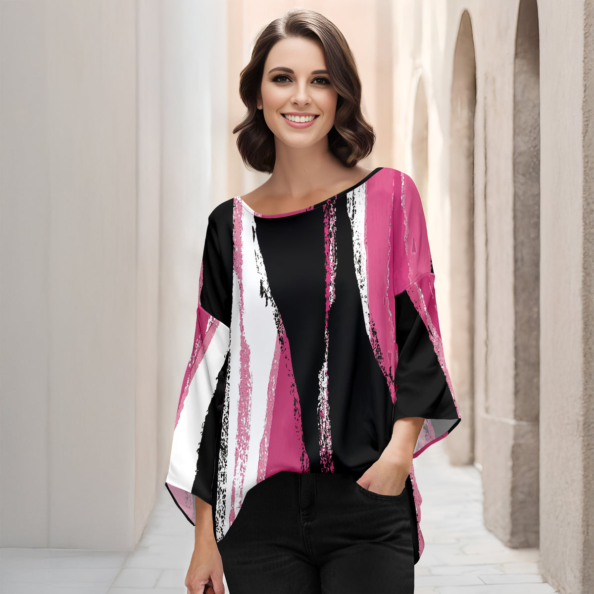 Three Quarter Bell Sleeve Tunic - Abstract
