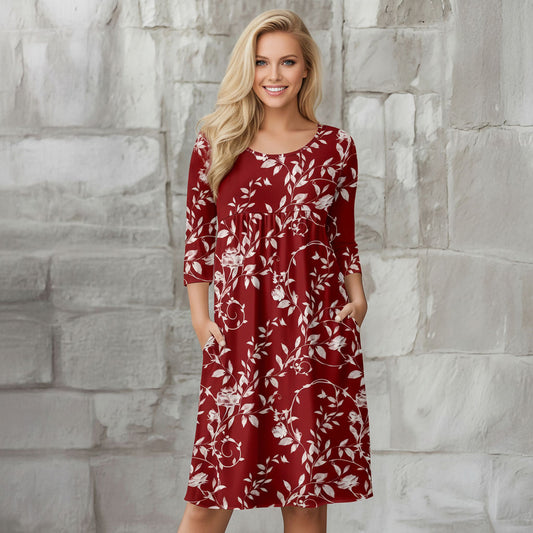 Three Quarter Sleeve Empire Dress with Pockets - Floral