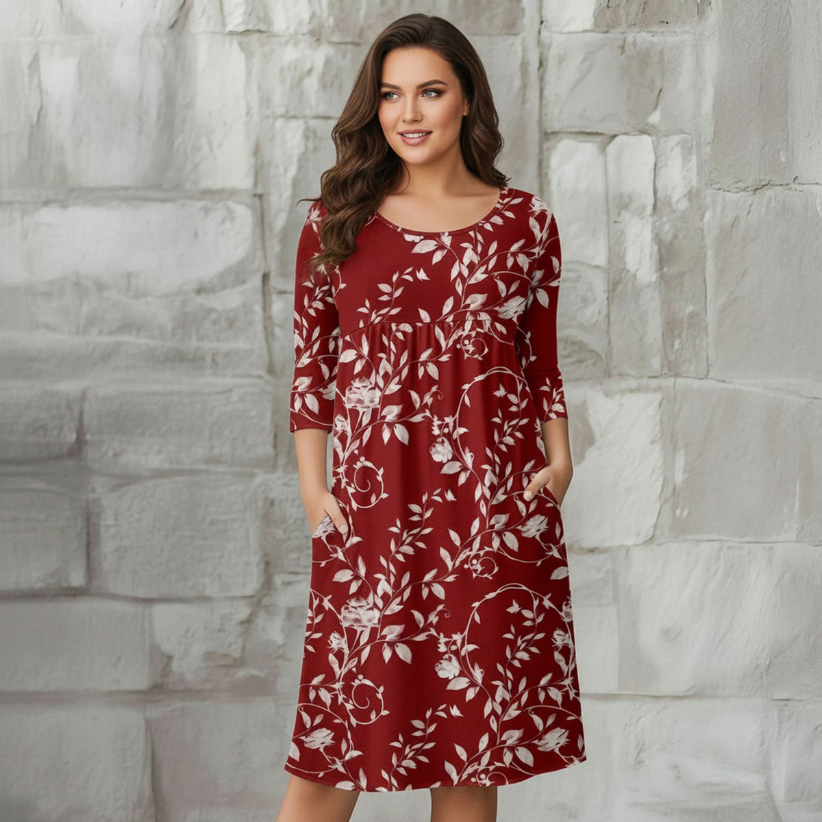 Three Quarter Sleeve Empire Dress with Pockets - Floral