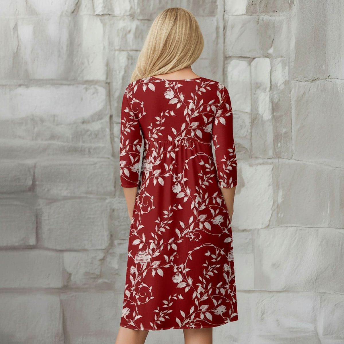 Three Quarter Sleeve Empire Dress with Pockets - Floral