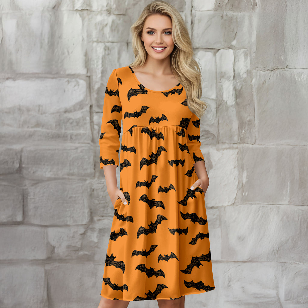 Three Quarter Sleeve Empire Dress with Pockets - Bats