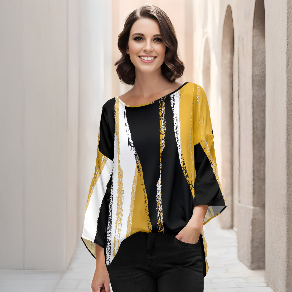Three Quarter Bell Sleeve Tunic - Abstract