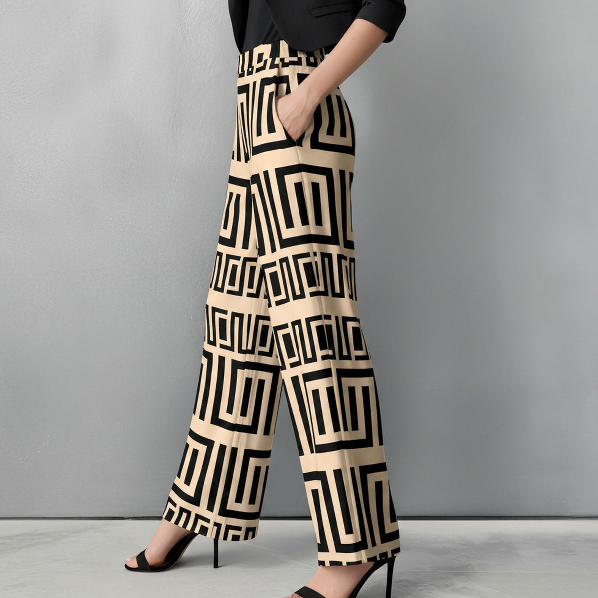 Straight Leg Pants with Pockets - Greek Keys