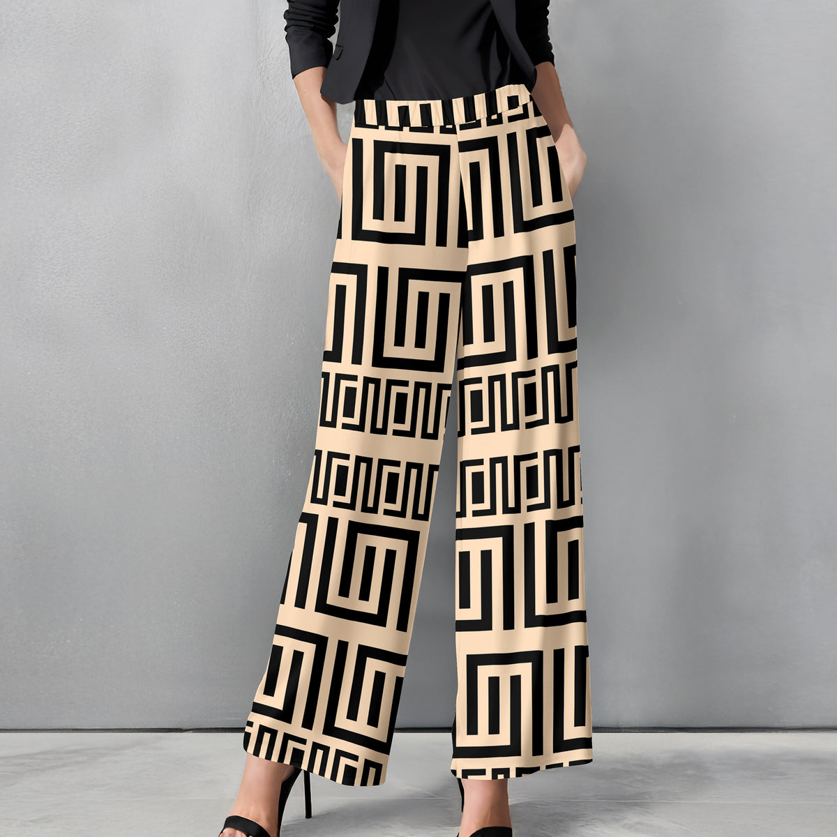 Straight Leg Pants with Pockets - Greek Keys