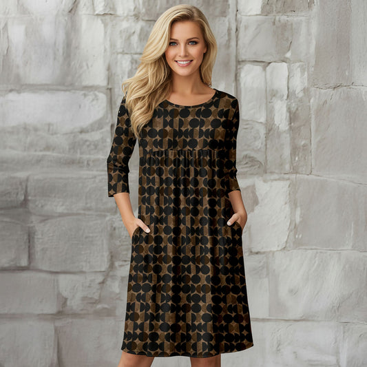 Three Quarter Sleeve Empire Dress with Pockets - Geometric