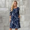 Three Quarter Sleeve Empire Dress with Pockets - Floral