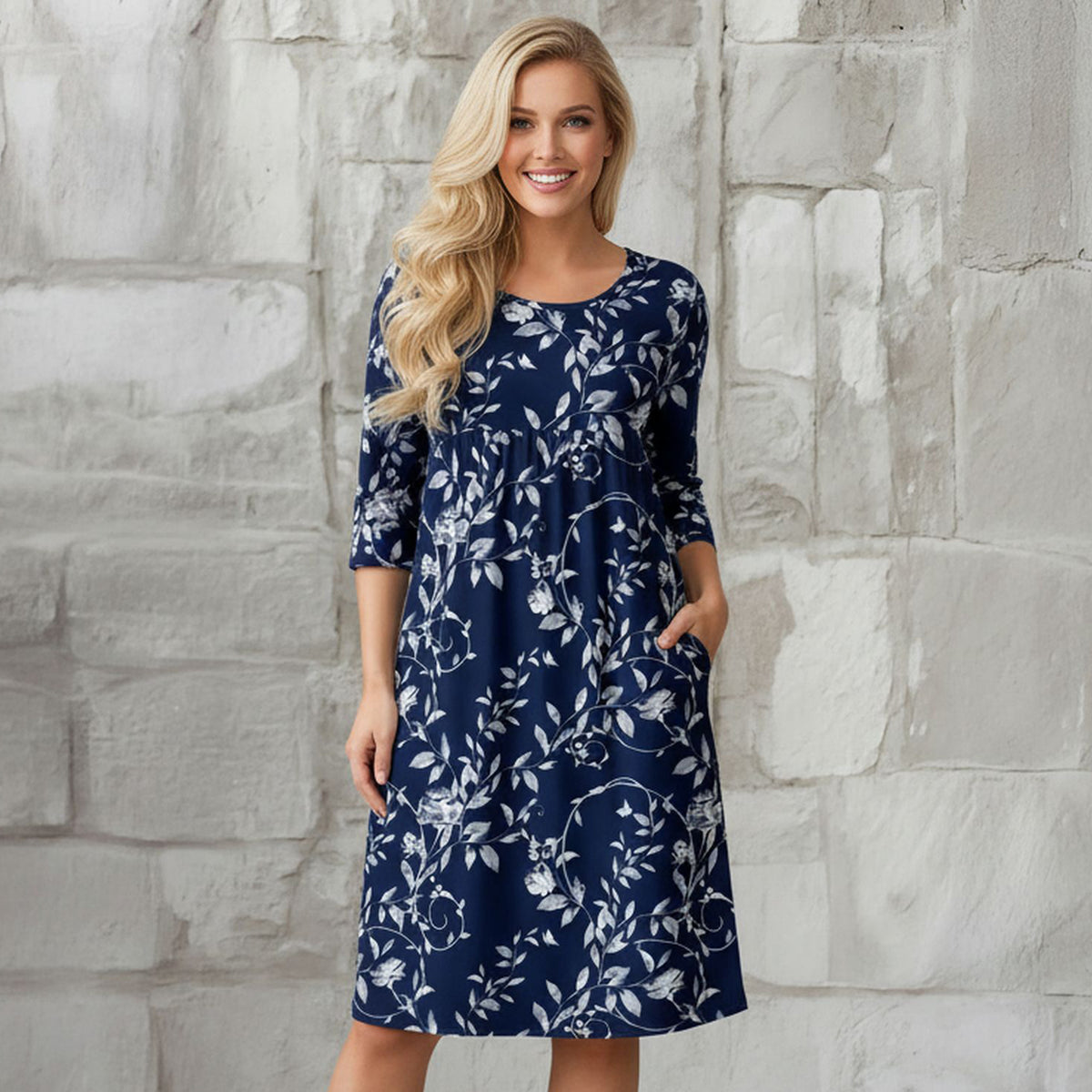 Three Quarter Sleeve Empire Dress with Pockets - Floral